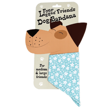Load image into Gallery viewer, &#39;Turquoise Ditsy Floral Dog Bandana&#39; Ensure your dog stands out from the pack with our fun slip on bandana, from the Four Legged Friends range. Simply pop this ditsy floral print dog bandana onto your dog&#39;s collar for instant style! Suitable for medium and large dogs.      Machine washable     100% cotton     Also available in paisley, polka dot, and paw and cross bones designs.     Large size (Length: 17 cm Width: 24 cm)
