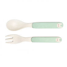 Load image into Gallery viewer,  &#39;Bibi The Bunny Bamboo Cutlery Set - Part of the wonderful range of original tableware, this bamboo fibre spoon and fork set is perfect for little hands. take it with you when the little ones have to eat and they will learn to respect the environment by using these cutlery in natural materials&#39;      Spoon: 14cm (length) 2.5cm (width)     Fork: 14cm (length) 2cm (width)     Matching bowl, beaker and plate available     Dishwasher safe     Not for microwave
