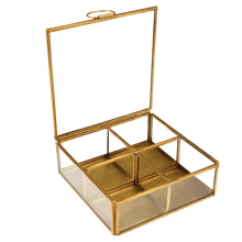 Load image into Gallery viewer, From the Jaipur glassware collection, this four-compartment brass jewellery box is a classic way to store earrings, bracelets and more. Useful home decor item and gift idea!  Brass 4 compartment jewellery box, Each compartment measures: 7 x 7 x 4.5cm; Padding on each corner to avoid damage to surfaces; Material Glass, Brass

