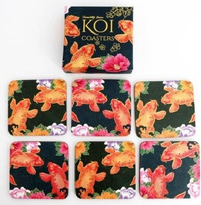 'Set Of Wooden Koi Fish Design Coasters' - Stunning and strikingly colourful set of 6 square Koi Fish Design drinking coasters. All variably printed with a sea of beautiful fish and flowers (Japanese style). Kitchenware collection, home decor item and gift idea. The Set comes in matching Gift Box!