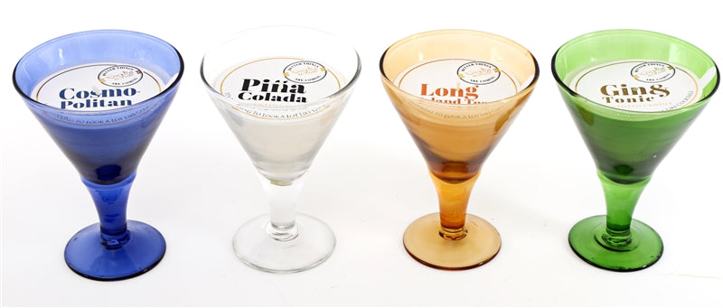 'Cocktail scented candles pots' These lovely candles come in 4 assorted Cocktail themed Scents: perfect to be used for an aperitif. When the candles have burned out, wash the glasses thoroughly and use them for your next Cocktail party!      Home decor items, Table decor, Gift idea     Multicolour: Blu, White, Orange, Green     Scents: Cosmopolitan, Pina Colada, Long Island, Gin & Tonic     Size: Height 9 cm