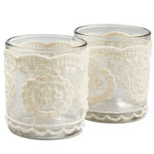 Load image into Gallery viewer, &#39;Set of 2 white cream lace candles holders&#39; - This collection of glass candles holders will look stunning in any home decoration or centerpiece for your table. Effects and finish: Lace. Tealight scented candles included.
