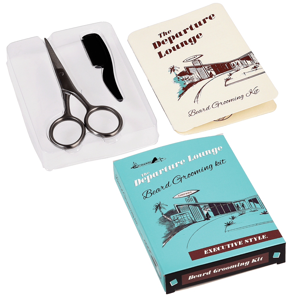 A fun novelty gift for any bearded gent: a product that cannot be missing in the bag of a traveller who loves self-care. A gift loved by the Hipsters! This elegant old fashioned Departure Lounge design grooming kit contains:  1 x scissors, 1 x plastic comb, 1 x instructions leaflet. Dimensions: Length 11 cm Width 8 cm Material: Metal, Card, Plastic.  Travel kit / Man accessories / hairstyle and beard beauty selfcare