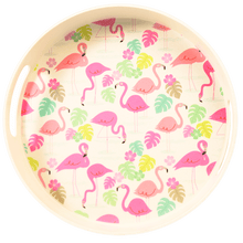 Load image into Gallery viewer, This fun pink beige Flamingo Bay bamboo fibers serving tray is practical, durable and eco-friendly! Use it at dinner parties and serve guests in style! Table decor item and gift idea, perfect present for flamingo lovers!  Dishwasher safe Not for microwave or oven. Material Bamboo fibers and melamine Dimensions: Length 30cm, Height 4.5cm, Width 30cm
