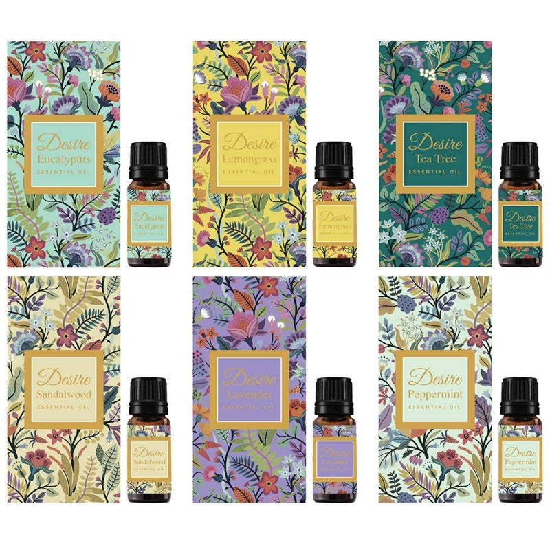 'Set of 6 Floral Essential Oils' - These Floral Design Scented Essential Oils are Perfect To Freshen Any Room. You have 6 fragrance choices in this set:  eucalyptus, lemongrass, tea tree, sandalwood, lavender and peppermint. Make the home atmosphere scented with these special essential oils!'
