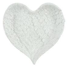 Load image into Gallery viewer,  GLITTER HEART SHAPED ANGEL WING TRINKET DISH This beautiful angel wing inspired jewellery white dish is presented in the shape of a heart. The dish is finished with clear glitter flakes to give a beautiful sparkly effect when the light catches it. Home decor item and Christmas gift idea :)      Material: Resin     Dimensions: Height:16cm Width:16cm Diameter: 3cm
