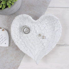 Load image into Gallery viewer,  GLITTER HEART SHAPED ANGEL WING TRINKET DISH This beautiful angel wing inspired jewellery white dish is presented in the shape of a heart. The dish is finished with clear glitter flakes to give a beautiful sparkly effect when the light catches it. Home decor item and Christmas gift idea :)      Material: Resin     Dimensions: Height:16cm Width:16cm Diameter: 3cm
