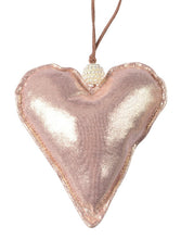 Load image into Gallery viewer, 2 Beautiful Pinky Satin Shabby Chic Style Satin Fabric Heart Hanger in champagne gold with a gold shimmer finish lovely vintage style, with little &#39;pearl&#39; beads at the top of the hanger. Good size - approx 13 cm Material: Fabric Use on Wishing Trees, for Wedding Favours, Hang around the home for Saint Valentines Day
