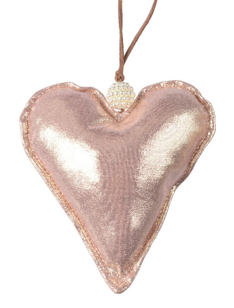2 Beautiful Pinky Satin Shabby Chic Style Satin Fabric Heart Hanger in champagne gold with a gold shimmer finish lovely vintage style, with little 'pearl' beads at the top of the hanger. Good size - approx 13 cm Material: Fabric Use on Wishing Trees, for Wedding Favours, Hang around the home for Saint Valentines Day