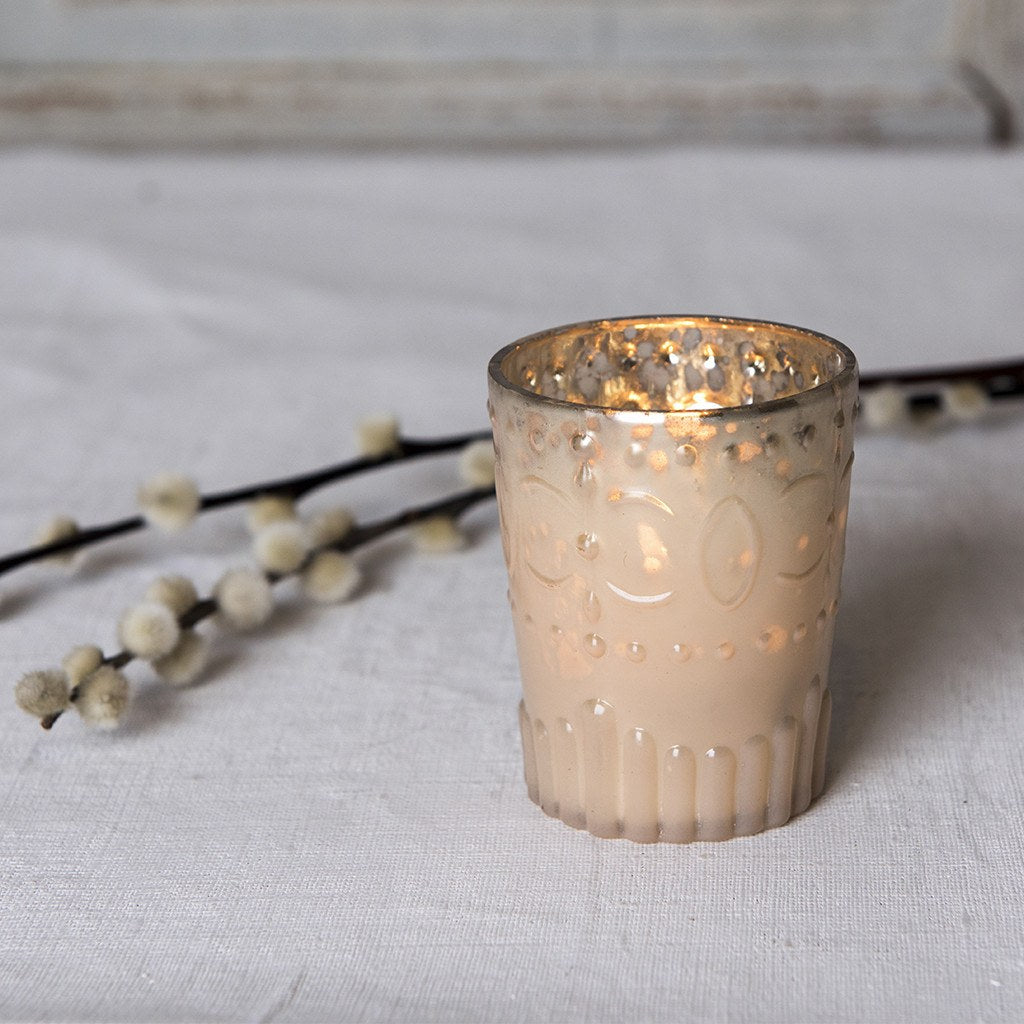 'Set of 2 Iridescent Tea Lights Holders' Perfect for creating atmosphere at dinnertime - this antique-style iridescent tealight holder is an ideal table decoration. Christmas table setting decor and gift idea.      For tealights only (tealights scented included)