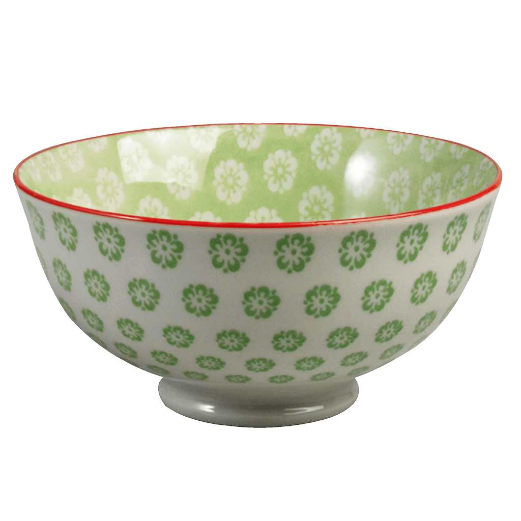 3 Japanese bowls will add a touch of elegance and oriental style to any dining table. Made from good quality porcelain and decorated with gorgeous Green Pansies design, they remind us the Blossom in Japan. Part of the kitchenware collection, lovely gift ideas for home accessories lovers!      Dishwasher and microwave safe     Material: Porcelain     Dimensions: Height: 5.5 cm Diameter 12 cm approx