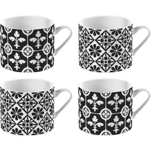 Load image into Gallery viewer, “Encaustic Tile” 4-Piece Set of Fine China Mini Mugs (Coffee espresso cups) by Creative Tops. Enjoy a hot drink with family and friends with this pretty Black and White set of 4 espresso cups, made from fine china in a combination of 2 designs, combining Fleur de Lys and petal pattern. A vintage unique product.  Presented in a stylish old gift box, making it the perfect gift for anyone who loves coffee.
