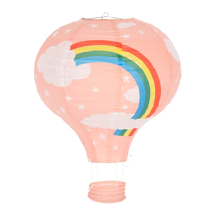 'PINK HOT AIR BALLOON LAMPSHADE WITH RAINBOW - Lovely peachy pink paper hot air balloon lampshade with rainbow design, perfect for decorating a place rainbow style or the children's bedroom.      Materials: Paper & Metal     Dimensions: H50cm x W40cm x D40cm     Home decor and gift idea
