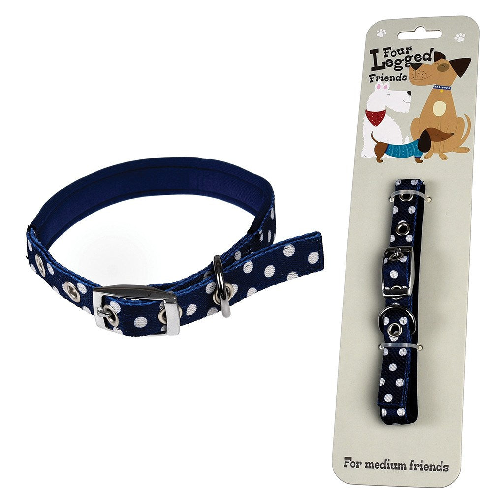 Medium size Pets Collar - Treat your four legged friend to a classic blue polka dot dog collar. Perfect for male and female stylish dog!      To fit: 29-39cm neck.     Material: Metal, Polyester     Dimensions:         Length: 44 cm         Width: 2 cm