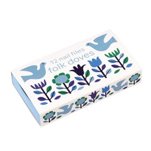 Load image into Gallery viewer, &#39;Pocket-sized pack of mini nails files, featuring pretty Folk Blue Doves design, this fashion and portable accessory contains 12 hand file, useful to bring with you everywhere you go. Do not give up the care of your nails, do your manicure, even when you&#39;re in a hurry. Combine it with other products such as the portable brush with the same design!&#39;      Material: card, foam, emery      Nail file measures: 7cm (length) x height 0.2 cm 1cm (width)

