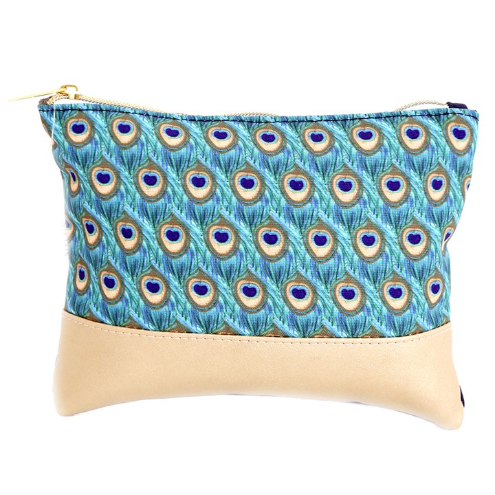  'Stylish Peacock Makeup Bag'- A canvas makeup bag in an elegant peacock feather print. Features a gold tone zipper and polyurethane base for extra durability.      Fashion - glamorous summertime accessory boho style     Material: Canvas and Polyurethane     Dimensions: H19cm X W22.5cm X D1cm