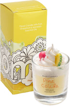 Load image into Gallery viewer, 'Piña colada scented candle' This creamy, lovely and colourful candle in a glass jar has a coconut base with fresh pineapple scents. It reminds you of the fantastic smell of the exotic cocktail: Grapefruit &amp; Mandarin - pure essential oils in it. This candle will burn for 30 to 35 hours. Many people light the candle at bath time, others use it as a decorative item. This cute article is a perfect gift for candle lovers too. 

