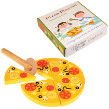 Load image into Gallery viewer, Who wants pizza? Beautiful Wooden Toy Pizza in box, a fun game for kids who like to play italian-american chef. Children will enjoy playing with an 8 piece wooden pizza with a wooden cutter. The pizza slices stick together with velcro and can be separated with the wooden pizza cutter, so they can cut the pizza and stick it back together again and again. Everyone loves pizza!
