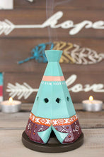 Load image into Gallery viewer, Lovely and Brightly Coloured Cone Teepee Tent Shaped, Incense Cone Holder/Burner - Home decor item and gift idea. Item on high demand! Historical reference: native Americans tent. When the incense cones burn, the funny smock comes out from the top! American Indian Boho style      Material Hand Painted Ceramic     Size: Height 10.5cm X W 8.5 cm X Diameter base 8.5 cm     Style: Boho Teepee     Incense cone included     Gift box included
