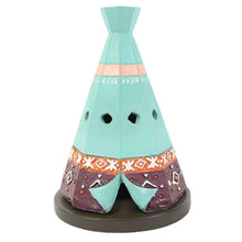 Load image into Gallery viewer, Lovely and Brightly Coloured Cone Teepee Tent Shaped, Incense Cone Holder/Burner - Home decor item and gift idea. Item on high demand! Historical reference: native Americans tent. When the incense cones burn, the funny smock comes out from the top! American Indian Boho style      Material Hand Painted Ceramic     Size: Height 10.5cm X W 8.5 cm X Diameter base 8.5 cm     Style: Boho Teepee     Incense cone included     Gift box included
