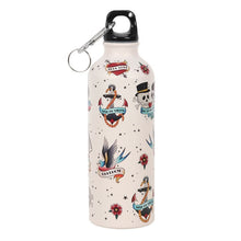 Load image into Gallery viewer, TATTOO METAL WATER BOTTLE Ditch the plastic and instead try this lightweight, reusable metal water bottle. Inspired by traditional tattoo styles this bottle features skulls, anchors and swallows for a bold and alternative style. Exclusive to us at Something Different and part of our &#39;Tattoo Parlour&#39; collection. Aluminium  Height 21.7cm x Width 6.9cm x Diameter 6.9cm  Cool colourful sailor and pin up style
