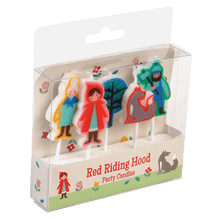 Load image into Gallery viewer, Lovely Red Riding Hood fairy tale candles to make birthday cakes or sweets extra special. Each candle measures approx. 8cm including stick. Characters featured: Red Riding Hood, The Wolf, Grandma, Scenic Tree and the The Huntsman. 3 packs (15 candles totally) Dimensions: Length: 11 cm 
