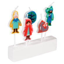 Load image into Gallery viewer, Lovely Red Riding Hood fairy tale candles to make birthday cakes or sweets extra special. Each candle measures approx. 8cm including stick. Characters featured: Red Riding Hood, The Wolf, Grandma, Scenic Tree and the The Huntsman. 3 packs (15 candles totally) Dimensions: Length: 11 cm 
