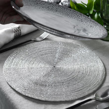 Load image into Gallery viewer, &#39;2 Beaded Placemats&#39; Made using good quality glass beads, this set is easy to clean - simply wipe with a damp cloth. This stunning silver beaded placemat set will add a touch of contemporary glamour to your dining table, making any occasion feel special! Combining elegance with practicality, nice quality glass beads are woven onto a fabric backing for a robust and easy to clean surface. These place-mats are available in two metallic finishes: silver  and turquoise.
