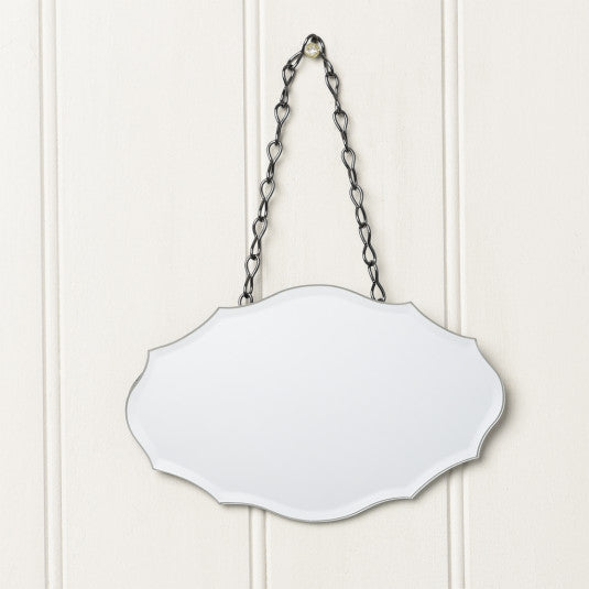 'Small Chantilly Bevelled Mirror' A quirky hanging lovely mirror perfect for mirror displays - place it in your hallway or bedroom and decorate plain walls. French shabby chic style, cute home decor item and gift ideas.      Width (horizontal): 19 cm     Length (vertical): 12 cm     Full length including chain: 15 cm     Adjustable chain - loop the chain through the d-rings on the reverse and clip together at your desired length.