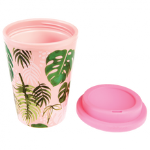 Load image into Gallery viewer, Trendy Tropical Palm Reusable Plastic Travel cup: Pinky and Tropical leaves Design, take it with you in the morning to drink your favourite beverage or keep it in your bag on a trip so you can have your own cool mug!
