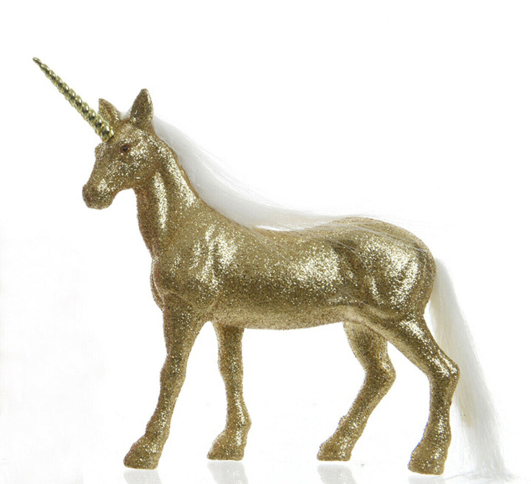 Gold Glitter Standing Unicorn Home Decoration Christmas Gift Festive Winter Idea Glitter Gold Horn & White Mane  Standing decorations Unicorn lovers Size: (21 x 4 x 18.5) cm