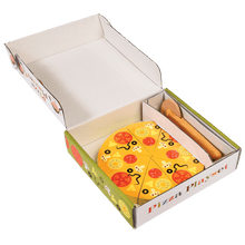 Load image into Gallery viewer, Who wants pizza? Beautiful Wooden Toy Pizza in box, a fun game for kids who like to play italian-american chef. Children will enjoy playing with an 8 piece wooden pizza with a wooden cutter. The pizza slices stick together with velcro and can be separated with the wooden pizza cutter, so they can cut the pizza and stick it back together again and again. Everyone loves pizza!
