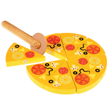Load image into Gallery viewer, Who wants pizza? Beautiful Wooden Toy Pizza in box, a fun game for kids who like to play italian-american chef. Children will enjoy playing with an 8 piece wooden pizza with a wooden cutter. The pizza slices stick together with velcro and can be separated with the wooden pizza cutter, so they can cut the pizza and stick it back together again and again. Everyone loves pizza!
