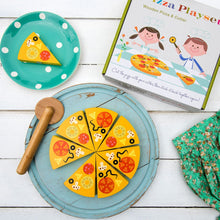 Load image into Gallery viewer, Who wants pizza? Beautiful Wooden Toy Pizza in box, a fun game for kids who like to play italian-american chef. Children will enjoy playing with an 8 piece wooden pizza with a wooden cutter. The pizza slices stick together with velcro and can be separated with the wooden pizza cutter, so they can cut the pizza and stick it back together again and again. Everyone loves pizza!
