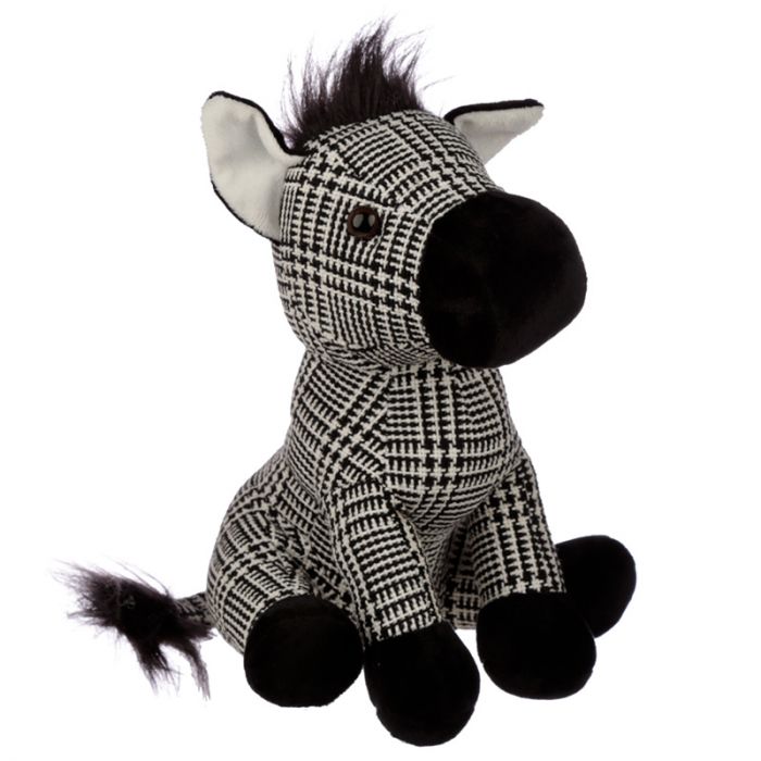'Soft and fashionable zebra door stop - peluche'  Material: Outer 100% Polyester, Inner 50/50 Sand and Polyester Wadding Dimensions: Height 27cm Width 23cm Depth 19cm Weight 1.5 Kg Product Information: For indoor decorative use only. This is not a toy, keep out of reach of children. EN71: Yes